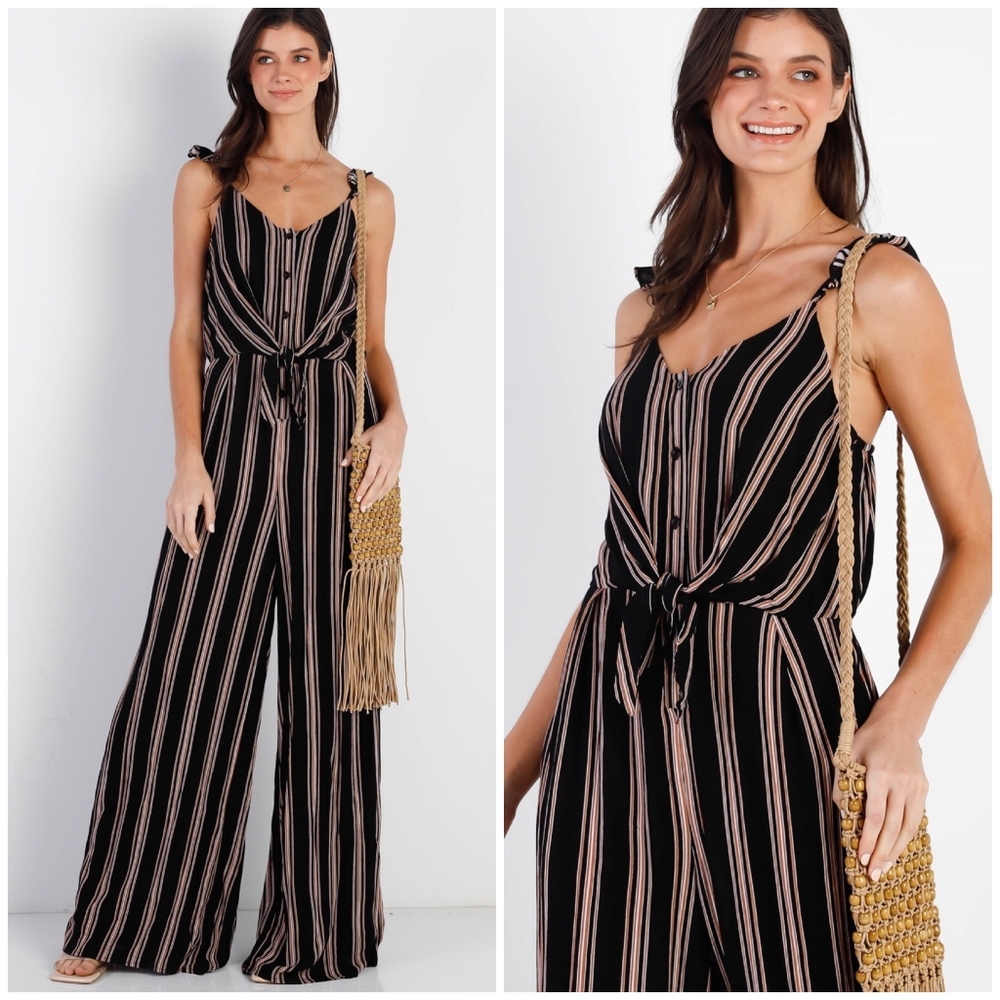 SUGAR+LIPS Boho Chic Black Striped Front Knot Relaxed Fit Jumpsuit